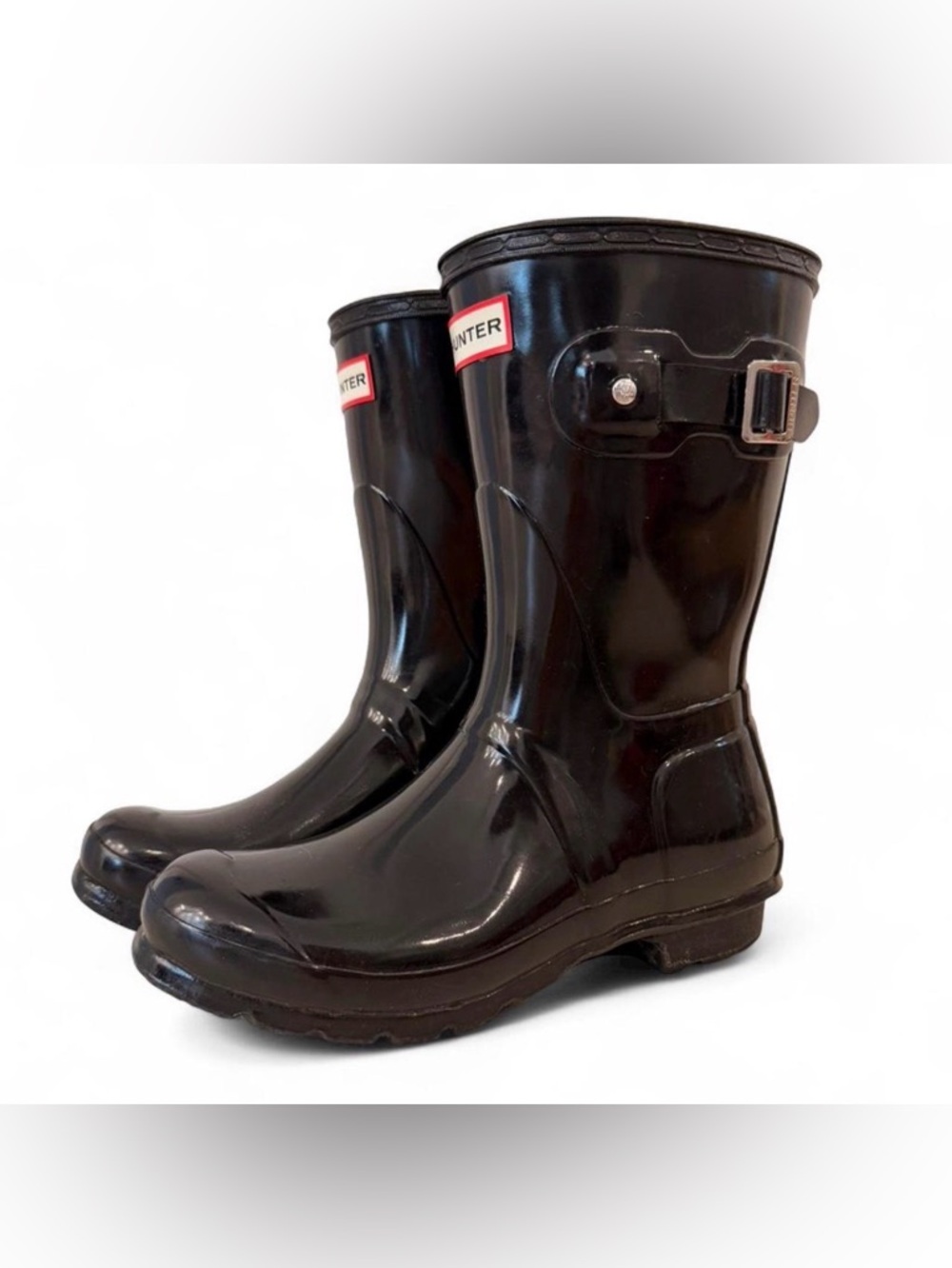 Hunter Short Gloss Black Rain Boots - with Cable Cuff Sock